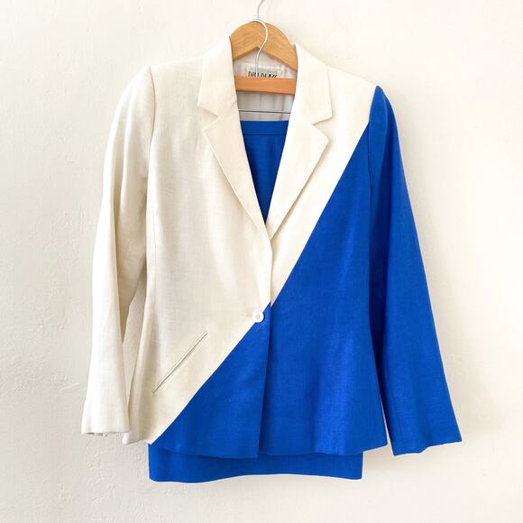 bill blass Jackets & Blazers - Vintage Bill Blass 2 PC Skirt Suit Blazer Color Block White Blue Women's Size 8